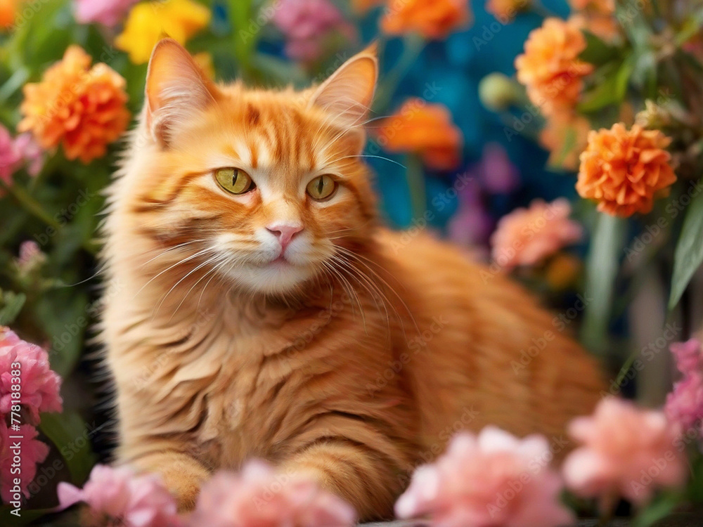 A red-haired cat is sitting in a field against a background of bright flowers. A red-haired cat is sitting in a field against a background of bright flowers.