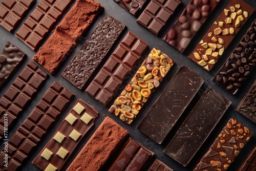 An array of unique chocolate bars displayed in a flat lay style, showcasing a variety of flavors and designs.
