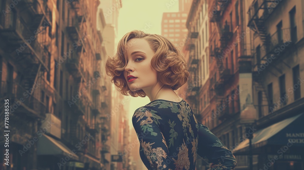 Naklejka premium photography portrait of beautiful woman , stylish hair, background a New York street, in the style of George created by ai