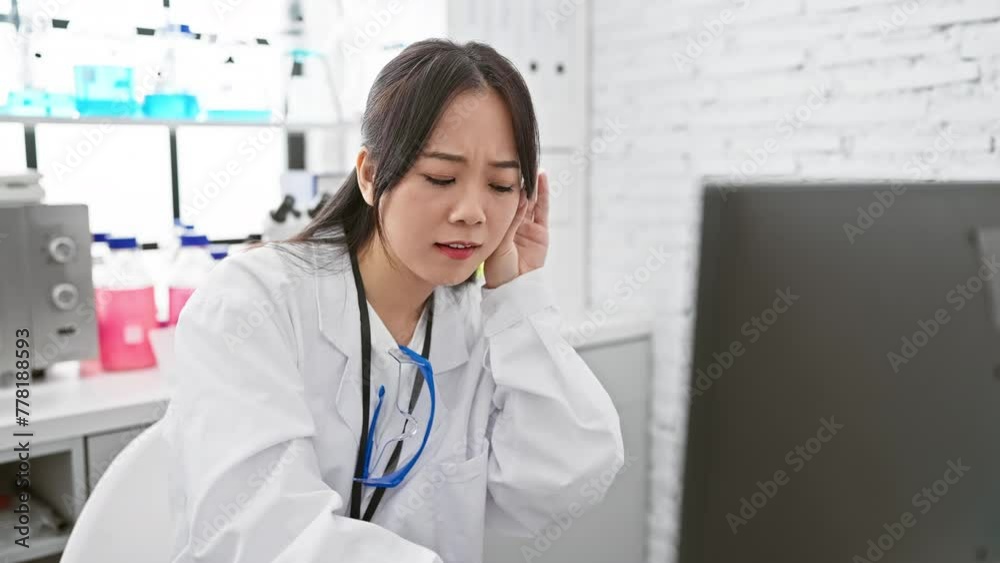 Intrigued young chinese scientist woman in lab, hand-to-ear, listening to deafening gossip rumor. hearing loss concept in play