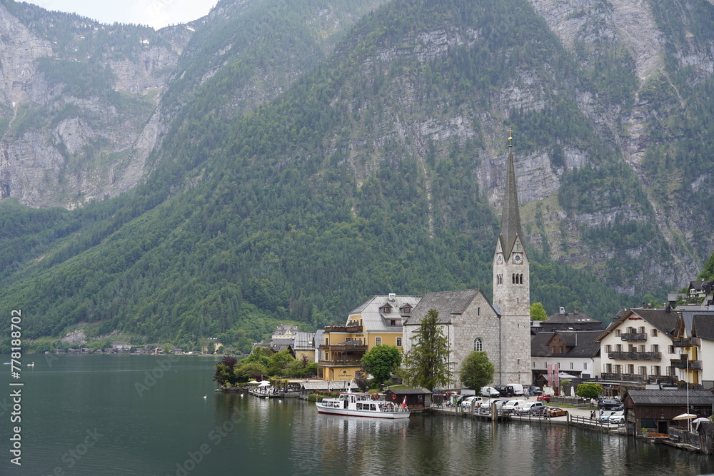 Views of the beautiful village of Hallstatt and the lake in Austria.