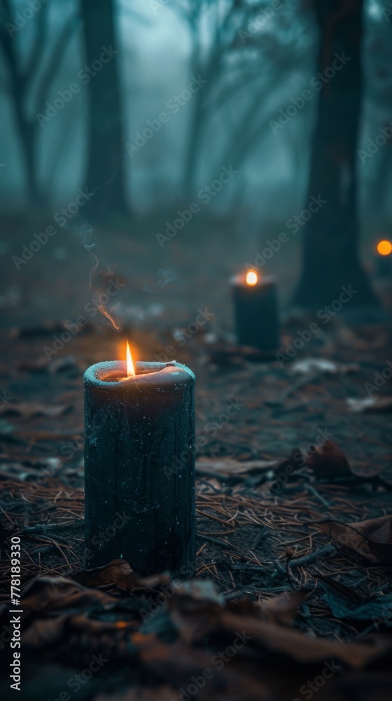 black magic witch candles on the ground with fog.