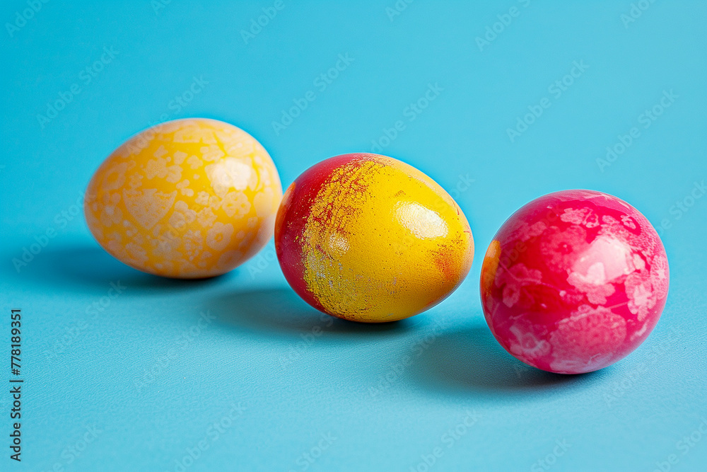 three yellow-red Easter eggs on a blue background three yellow-red Easter eggs on a blue background