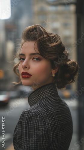 photography portrait of beautiful woman , stylish hair, background a New York street, in the style of George created by ai