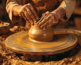 A skilled potter shaping clay on a spinning wheel, creating intricate patterns with precision The scene captures the mesmerizing dance of hands molding the clay into a beautiful vase Style