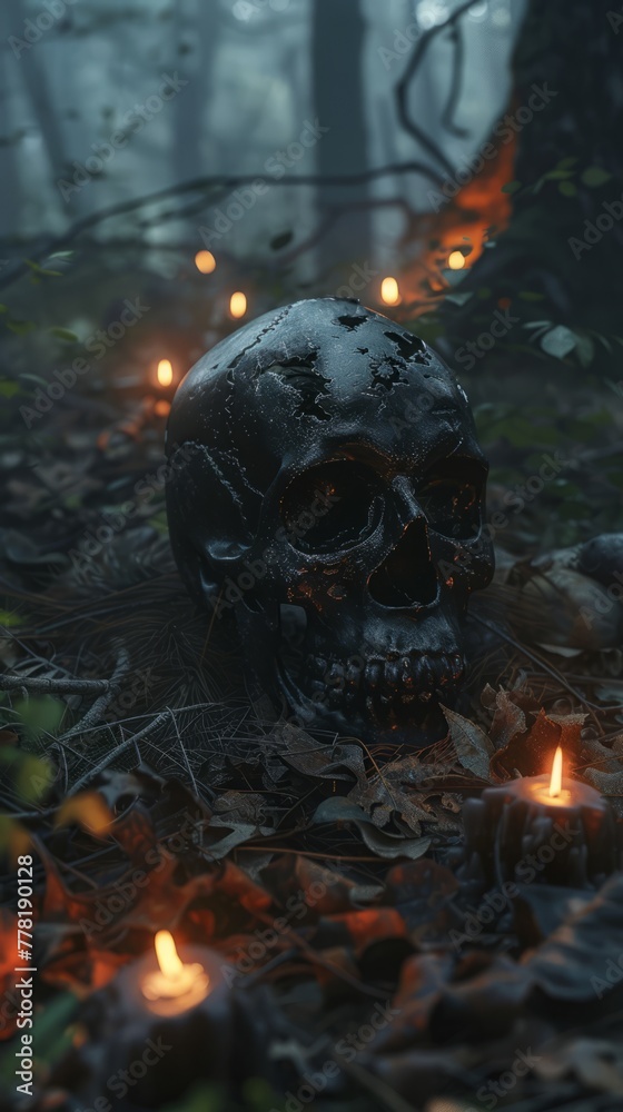 black magic candles with a skull on the ground with fog in the forest. black magic candles with a skull on the ground with fog in the forest.