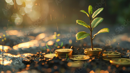 A young plant grows amidst golden coins in the rain, symbolizing financial growth and prosperity. © ChoopyChoop