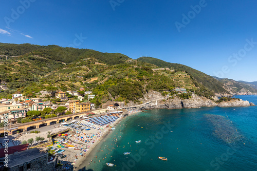Monterosso, Italy - July 31, 2023: Beautiful village "Monterosso al Mare" in the famous Cinque Terre National Park in Liguria, Italy.