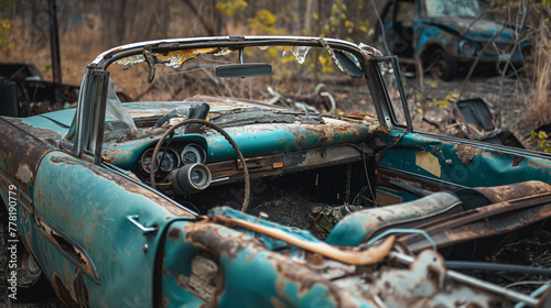 Decaying vintage convertible with rusted bodywork, exposed to elements, portrays neglect and decay.