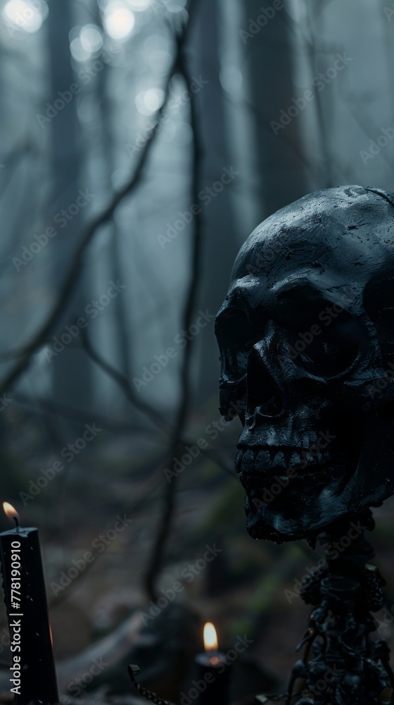 black magic candles with a skull on the ground with fog in the forest. black magic candles with a skull on the ground with fog in the forest.