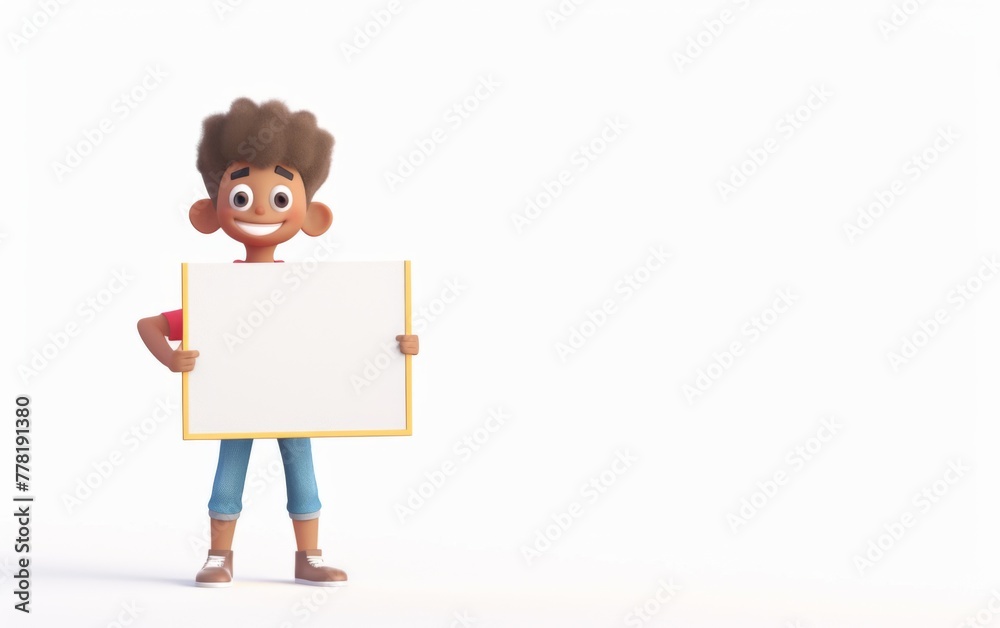 3D cartoon character smiling boy with brown skin holding a blank whiteboard 3D cartoon character smiling boy with brown skin holding a blank whiteboard