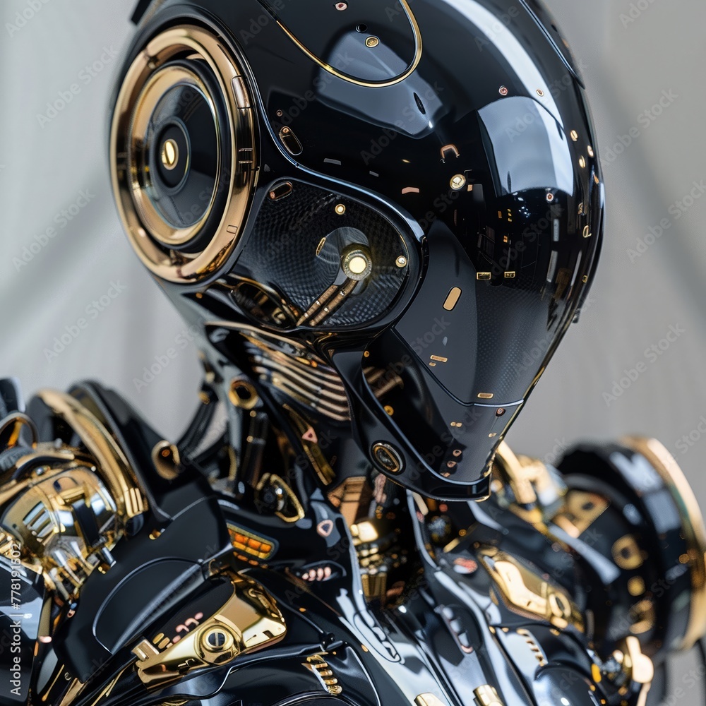 Futuristic robot intricately detailed with gold accents Futuristic robot intricately detailed with gold accents