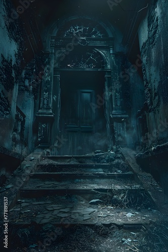 Haunted Mansion Entryway Darkened Passage Leads to Foreboding Discovery of Cursed Artifact