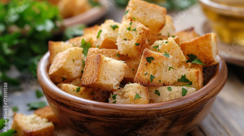 A wooden bowl filled with golden-brown croutons garnished with herbs, set on a rustic table.