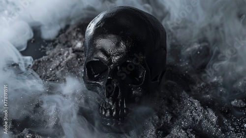 black skull on a black background with shimmer and fog.