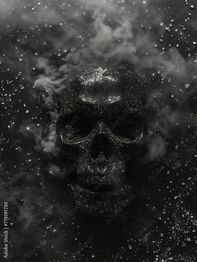 black skull on a black background with shimmer and fog.