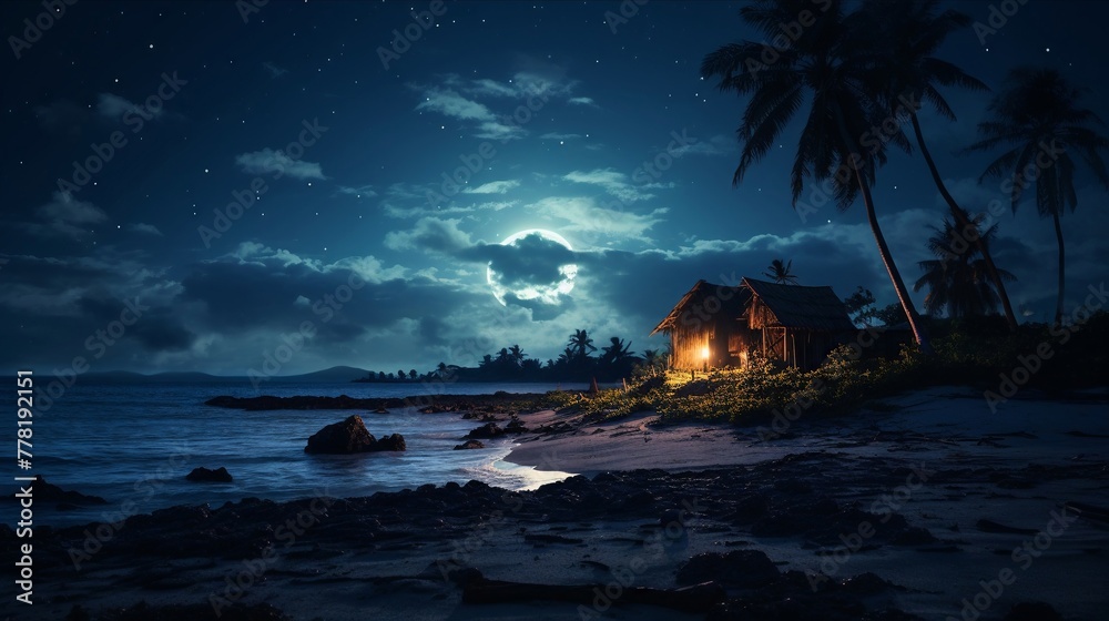 Castaway, ragged clothes, resilient castaway, building a shelter on a remote island beach, under clear starry skies, realistic image, moonlight, silhouette lighting - obrazy, fototapety, plakaty 