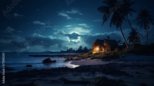 Castaway, ragged clothes, resilient castaway, building a shelter on a remote island beach, under clear starry skies, realistic image, moonlight, silhouette lighting