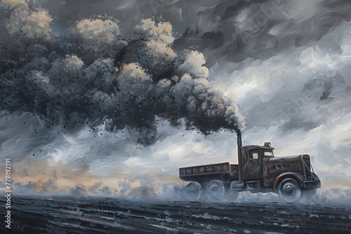 A tractor amid smoke, pollution, and industry, contrasting with the natural landscape