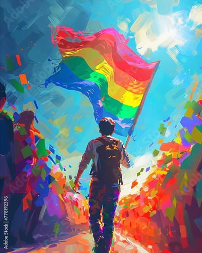 Colorful Protester, rainbow flag, advocating for LGBTQ+ rights, marching in a pride parade, sunny day, graphic illustration, backlighting, depth of field bokeh effect © AcousticGal