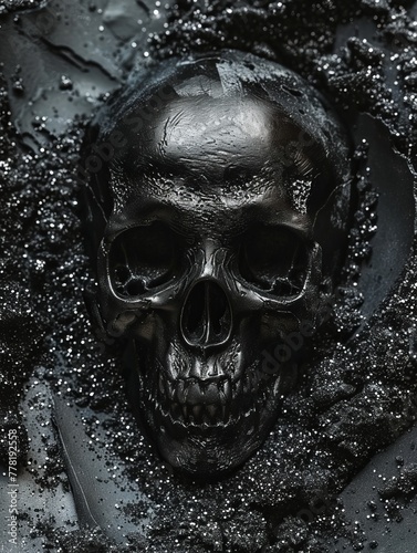 black skull on a black background with shimmer and fog.