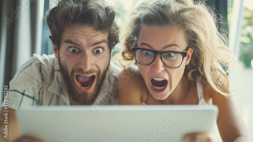 A young couple express shock and surprise while staring at a computer screen, wide-eyed and open-mouthed.