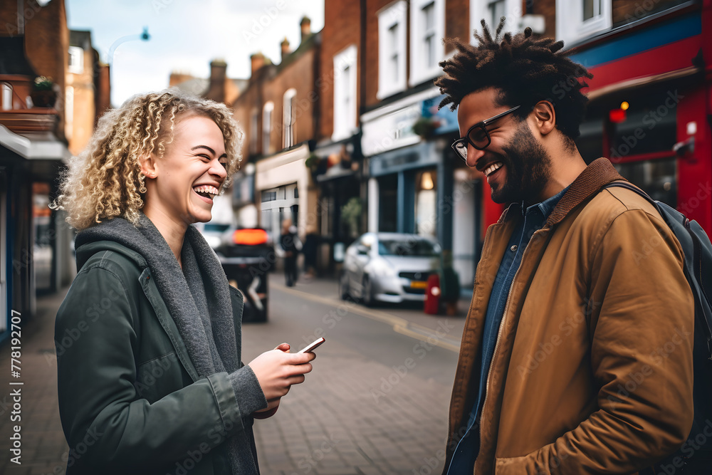 Fototapeta premium two diverse people having a conversation on the street, having a conversation n the streets
