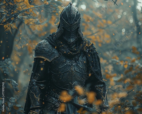 Fantasy knight, enchanted armor, exploring a mystical forest in virtual reality photo