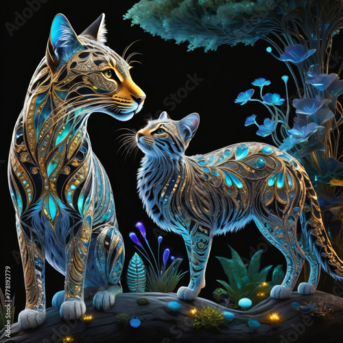 3d rendering of two cats in the forest with blue flowers. © DigitalART