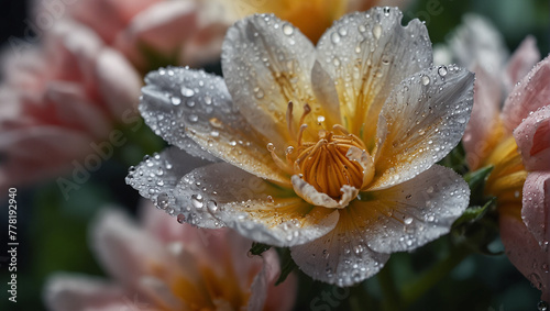A white and yellow flower with water droplets on its petals.