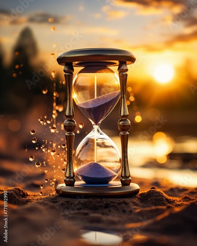 Hourglass, time, desert, fleeting moments, sunrise, realistic, golden hour, depth of field bokeh effect