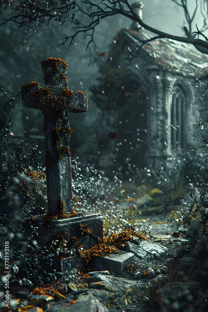 Mysterious Ancient Cross Amid Fog Shrouded Graveyard Evoking Supernatural Disappearances