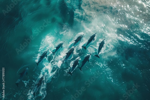 A pod of dolphins swimming and playing in the ocean, captured from a high-angle perspective