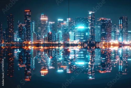 A citys bright lights reflected in the calm waters of a river at night