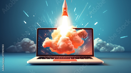 3D Illustration of Rocket Launching from Computer Screen with Fiery Clouds