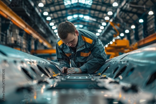 A man meticulously working on a car in a factory setting, focusing on intricate details of the assembly process