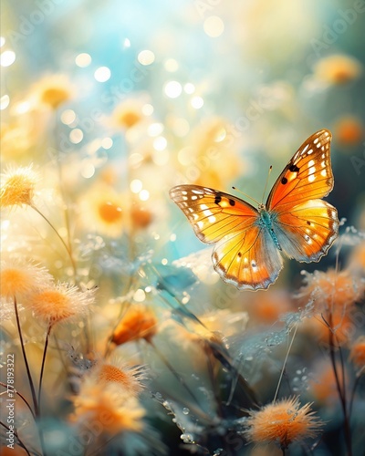 Peaceful Garden, Blossoming flowers, Tranquil sanctuary for meditation and contemplation, Butterfly dance in the gentle breeze, Photography, Golden hour, Depth of field bokeh effect © sutanya
