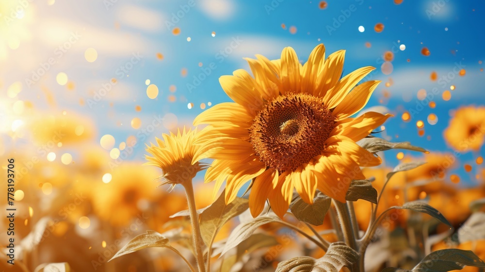 Sunflower, fair trade gold, elegant and majestic, standing tall in a lush field, under a clear blue sky, with a shimmering, realistic effect - obrazy, fototapety, plakaty 