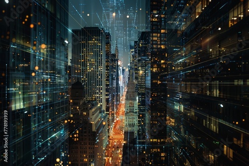 Nighttime cityscape showcasing a bustling city with numerous tall buildings illuminated and overlaid with abstract data visualizations, highlighting technological integration