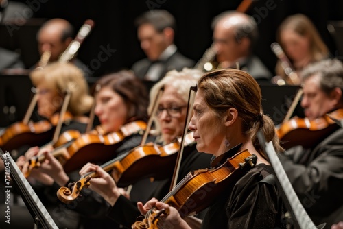 A group of people playing violins in an orchestra section, focused and in sync with the music