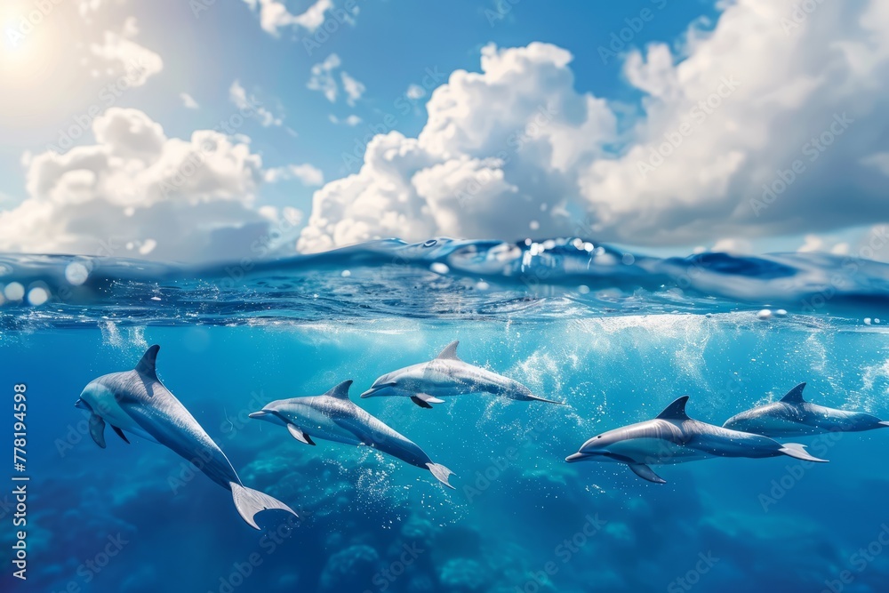Aerial shot capturing dolphins swimming gracefully beneath the ocean surface
