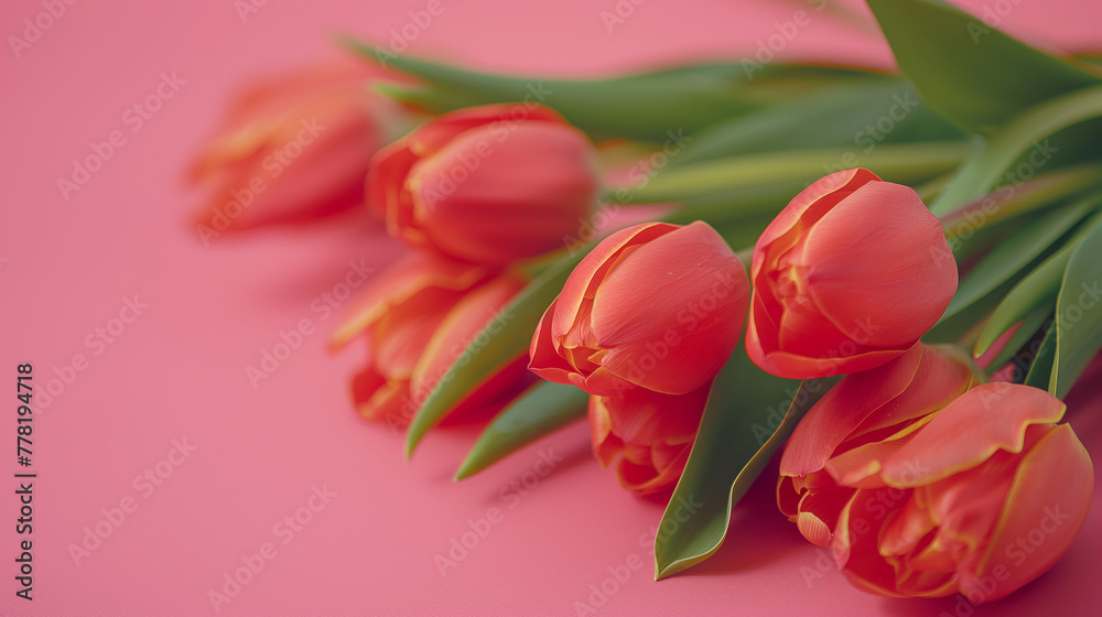 Vibrant Red Tulips with Fresh Green Leaves on Pink