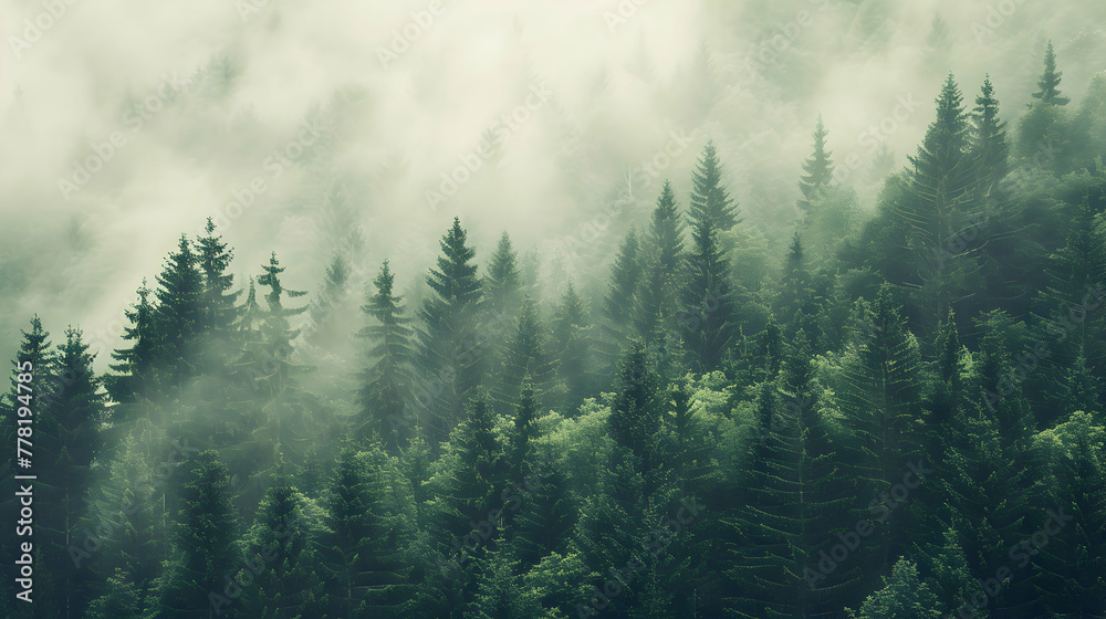 Fototapeta premium Misty landscape with fir forest in vintage retro style 