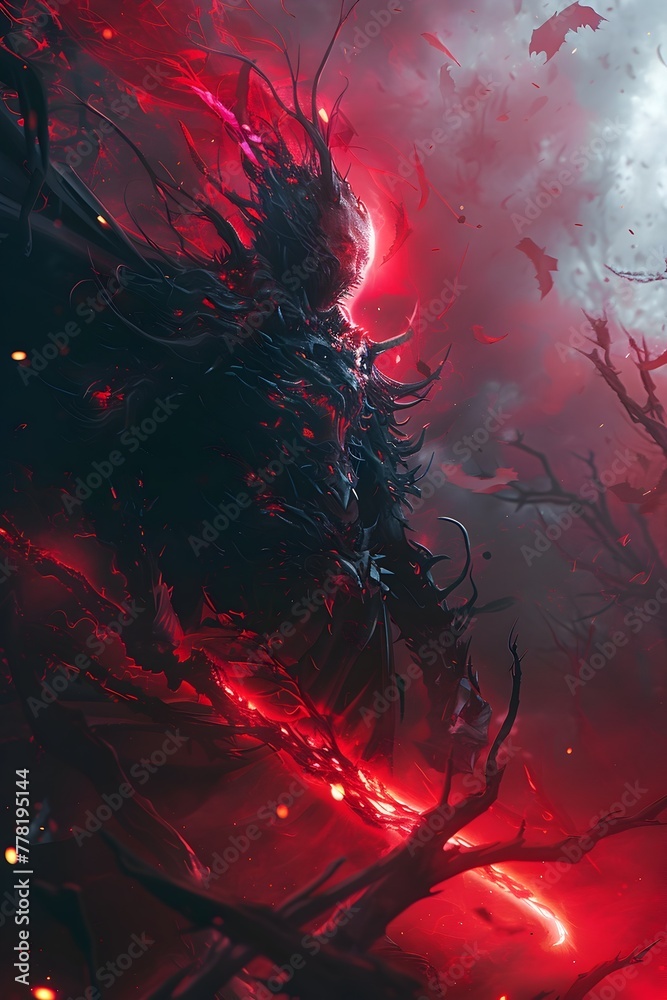 Fototapeta premium Vengeful Spirit Emerges in Aftermath of Forbidden Forest Ritual Unleashing Chaotic Supernatural Energy