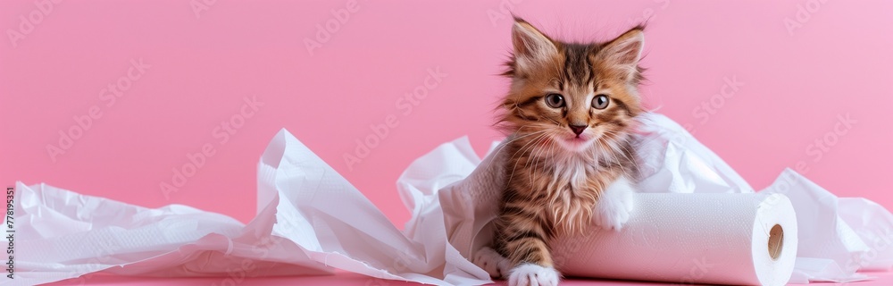 young kitten playing with the toilet paper isolated on ink background young kitten playing with the toilet paper isolated on ink background