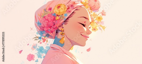 A watercolor illustration of an elegant woman with cancer  smiling at the camera and wearing a pink headscarf adorned with flowers on a white background. The artwork captures her strength