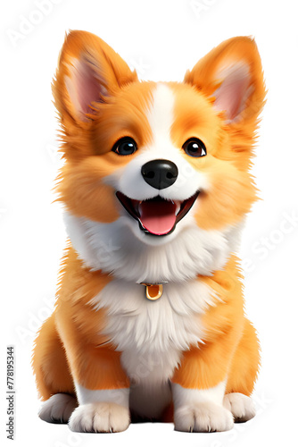 Cute funny kawaii fluffy cartoon orange corgi puppy with dot eyes, smiling face and red tongue sticking out of mouth in sitting playful pose. Lovely pet minimal style. 3d render isolated