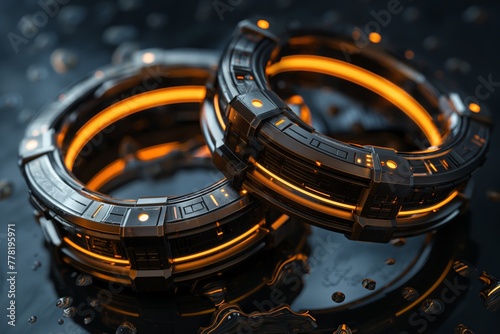 Close-up of two interlocked futuristic rings with orange glowing elements, set against a dark, reflective background.