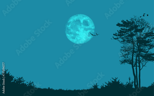 Moon Night landscape beautiful nightscape scenary vector background trees birds lands grass moonlight moon vector
