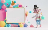 3D cartoon character smiling girl with brown skin holding a blank whiteboard